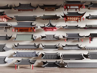 Traditional Chinese Architectural Roof Components Various Styles Models Tiles Eave Designs Black Gray Red Decorations 3d model