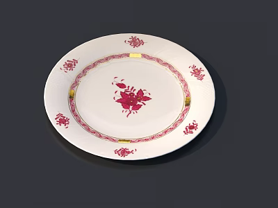 Elegant White Ceramic Dinnerware Set With Red Floral Patterns And Gold Trim 3d model