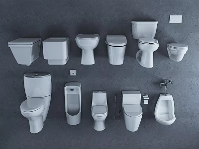 Various Types Of Toilets And Urinals Displayed On Gray Background 3d model