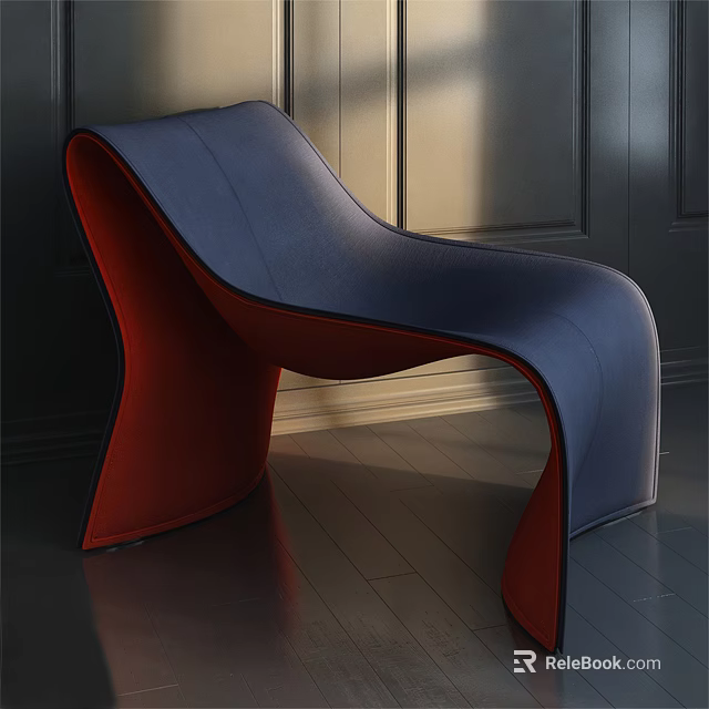 Modern Blue and Red Accent Chair with Curved Design Against Dark Walls and Wooden Floor 3d model 