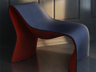 Modern Blue and Red Accent Chair with Curved Design Against Dark Walls and Wooden Floor 3d model