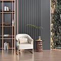 Elegant White Single Sofa In Modern Living Room With Wooden Side Table Plant And Bookshelf