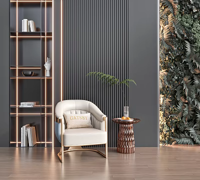 Elegant White Single Sofa In Modern Living Room With Wooden Side Table Plant And Bookshelf 3d model