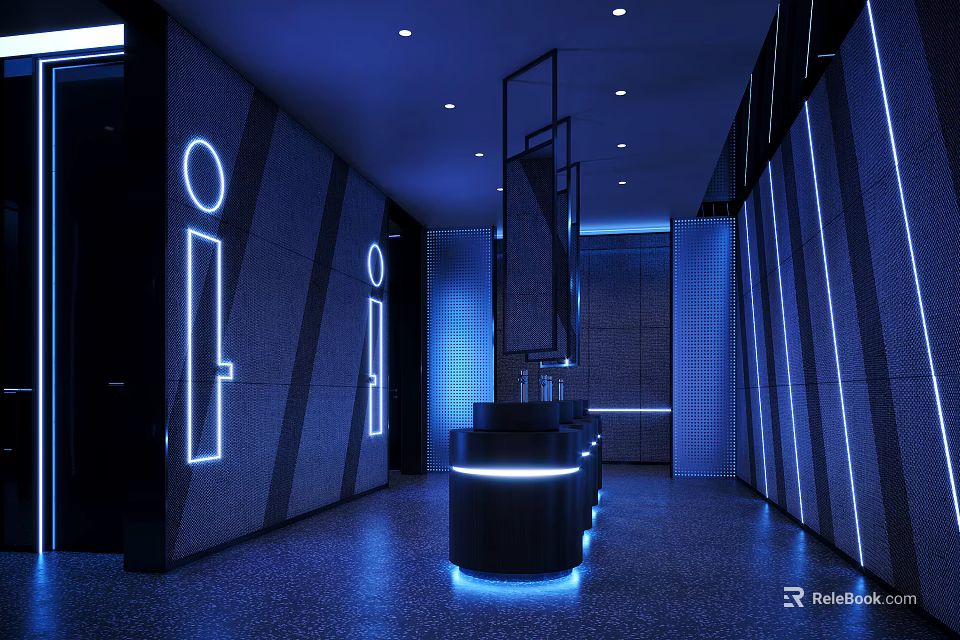 Modern Public Restroom Interior With Blue Lighting Neon Signs And Black Walls 3d model 