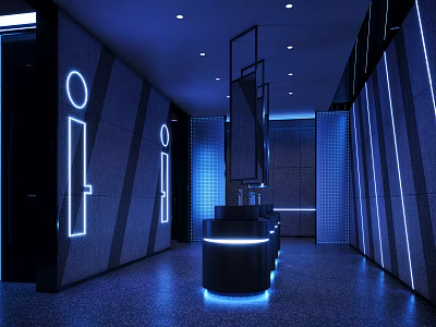 Modern Public Restroom Interior With Blue Lighting Neon Signs And Black Walls 3d model
