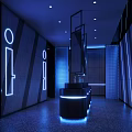 Modern Public Restroom Interior With Blue Lighting Neon Signs And Black Walls