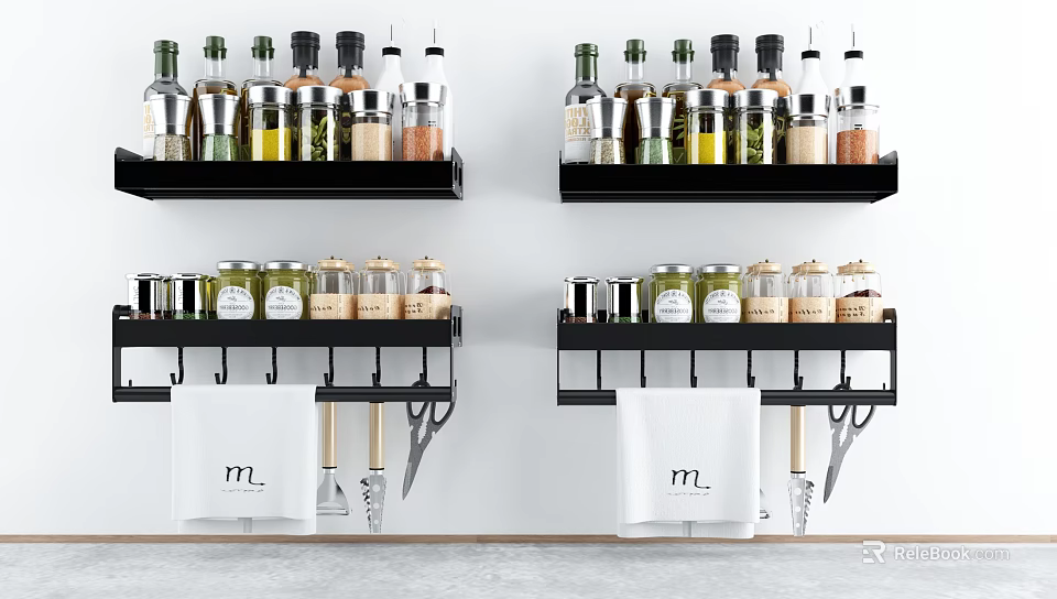 Spice Jars On Wall Mounted Kitchen Racks With Tools And Towel 3d model 