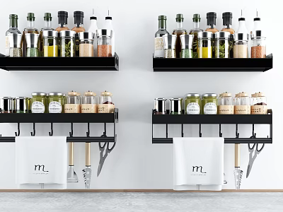 Spice Jars On Wall Mounted Kitchen Racks With Tools And Towel 3d model