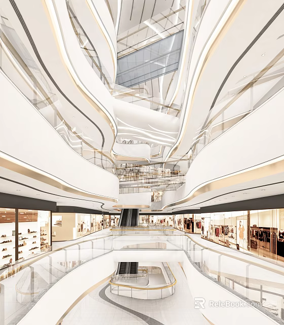 Spacious Modern Shopping Mall Atrium With Multiple Floors Curved Railings And Storefront Displays 3d model 