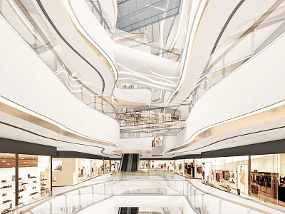 Spacious Modern Shopping Mall Atrium With Multiple Floors Curved Railings And Storefront Displays 3d model
