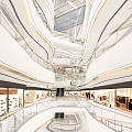 Spacious Modern Shopping Mall Atrium With Multiple Floors Curved Railings And Storefront Displays