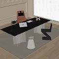 Modern Black Desk With Clear Legs Laptop Lamp Chair White Stool On Beige Rug
