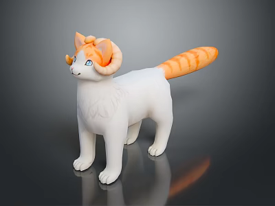 Cute 3D Model Cat With Orange Horns Tail And Blue Eyes On Black Reflective Surface 3d model