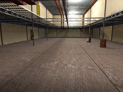 Empty Warehouse Interior With Concrete Floor Metal Shelves Ceiling Structure Lighting And Corner Barrels 3d model