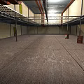 Empty Warehouse Interior With Concrete Floor Metal Shelves Ceiling Structure Lighting And Corner Barrels