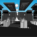 Elegant Banquet Hall Interior With Welcome Sign Stage Seats Chandeliers And Candlesticks