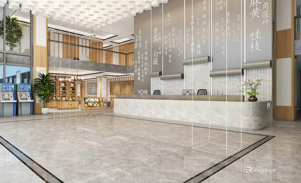 Modern Shop Front Desk Design With Marble Countertop Indoor Plants And Wooden Elements 3d model 