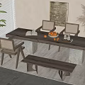 Rustic Wooden Dining Table Set With Stone Base Chairs Bench Fruit Bowl And Plant 3d model