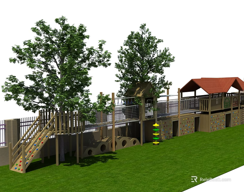 Outdoor Wooden Playground Equipment with Slide Platform Red Roof Canopy Green Grass and Trees 3d model 