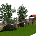 Outdoor Wooden Playground Equipment with Slide Platform Red Roof Canopy Green Grass and Trees