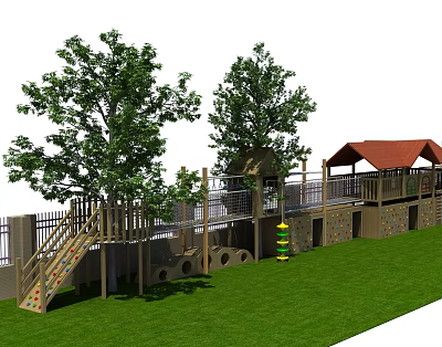 Outdoor Wooden Playground Equipment with Slide Platform Red Roof Canopy Green Grass and Trees 3d model