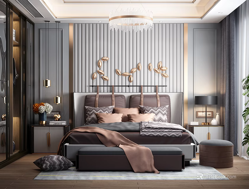 Elegant Modern Bedroom Interior Design With Plush Bed Nightstands Chandelier And Decorative Rug 3d model 