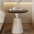 Modern Minimalist Side Table With Dark Wood Round Top And White Cone Base