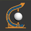 Modern Architectural Structure with Curved Orange Frame White Sphere and Blue Elements Perforated Grid Base
