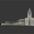 Historical Stone Building Model With Red Tiled Roof Tower Spire And Green Grass Courtyard