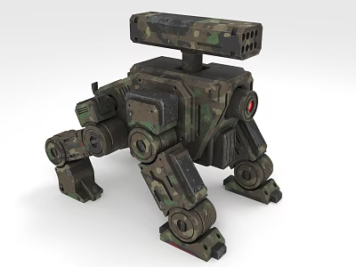 Camouflage Painted Industrial Equipment With Mechanical Structure Multiple Joints And Red Sensor Turret 3d model