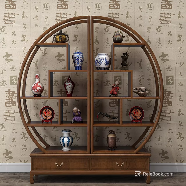 Traditional Chinese Antique Display Shelf With Ceramic Vases Small Figurines And Calligraphy Wallpaper 3d model 