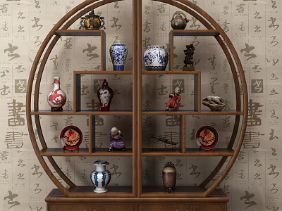 Traditional Chinese Antique Display Shelf With Ceramic Vases Small Figurines And Calligraphy Wallpaper 3d model