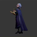 Woman in blue purple robe holding glowing book with light blue hair against gray background