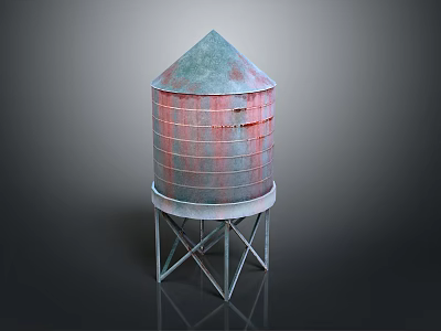 Rusty Metal Water Tower With Conical Top And Steel Support Structure 3d model