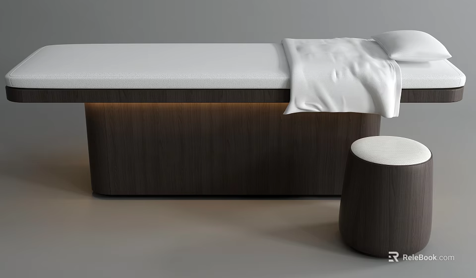 Modern Minimalist Massage Bed Featuring White Mattress Towel Pillow Dark Wooden Base And Stool 3d model 