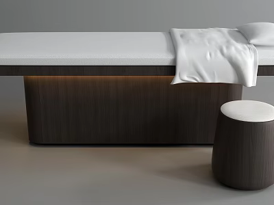 Modern Minimalist Massage Bed Featuring White Mattress Towel Pillow Dark Wooden Base And Stool 3d model