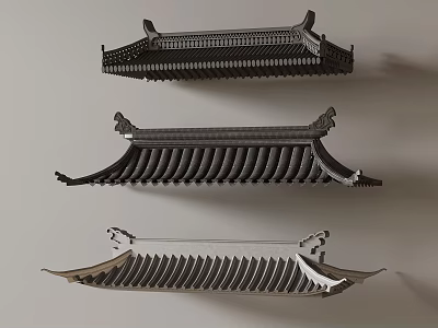 Traditional Chinese Style Roof Designs With Curved Eaves And Tile Patterns 3d model