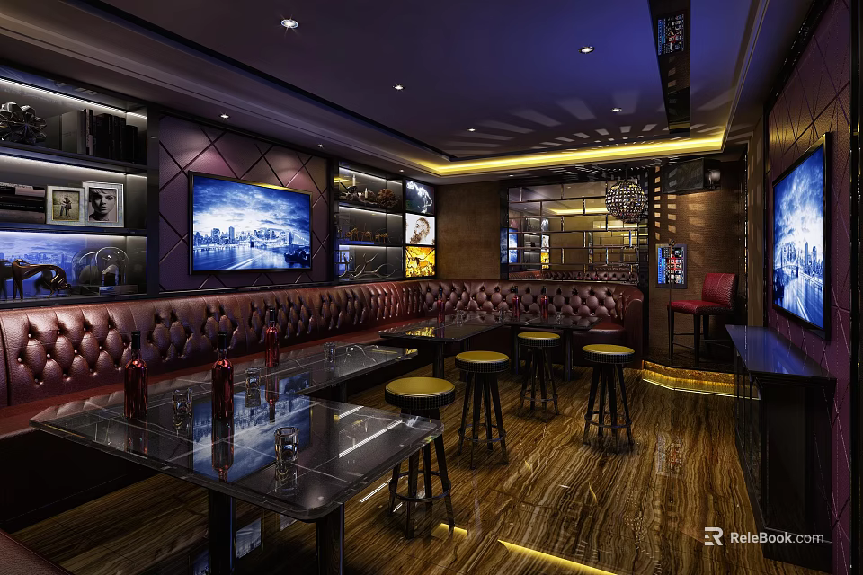 Elegant KTV Lounge Interior With Leather Sofas Tables TV Screens And Lighting 3d model