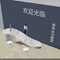 Modern Reception Desk With Marble Top White Stools Blue Wall And Welcome Sign Interior Design