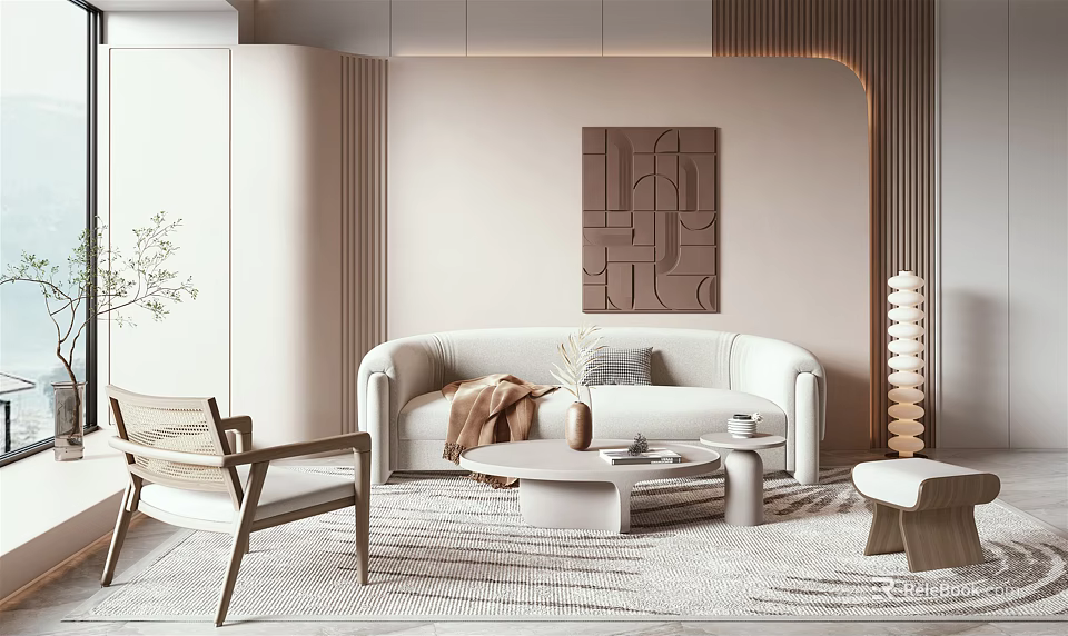 Modern Living Room Interior With White Sofa Wooden Chair Abstract Painting And Rug 3d model 