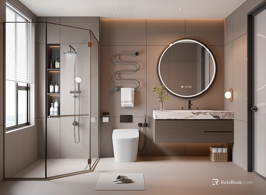 Modern Bathroom Interior Design With Glass Shower Enclosure Round Mirror And Marble Countertop Vanity 3d model 