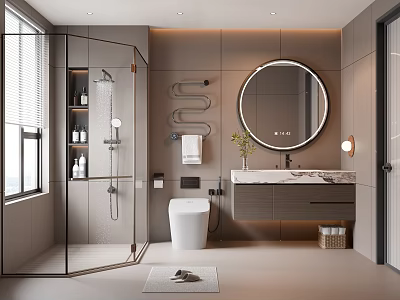 Modern Bathroom Interior Design With Glass Shower Enclosure Round Mirror And Marble Countertop Vanity 3d model