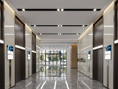 Modern Elevator Lobby Interior Design With Metal Panels And Digital Screens 3d model
