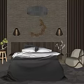 Bedroom Background Double Bed With Gray Textured Wall Moon Decor Lamps Green Plants Accent Chair