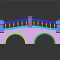 Colorful 3D Model Bridge With Pink Body Blue Railings Green Base And Golden Decorative Posts