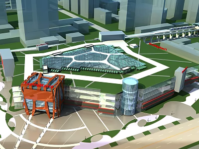 Modern Commercial Complex With Glass Facade Green Roof Urban Surroundings And Plaza 3d model