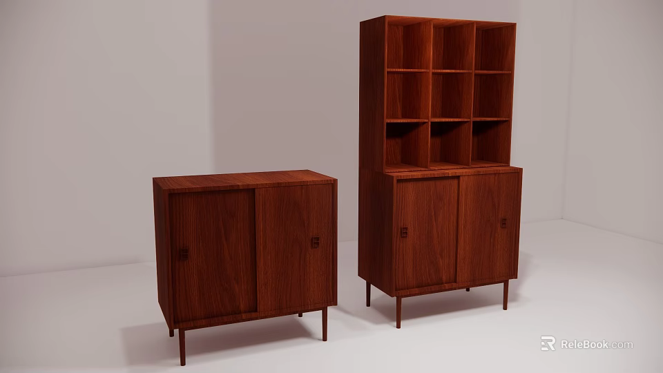 Two Wooden Bookcases with Cabinet Doors Open Shelves and Modern Design 3d model 