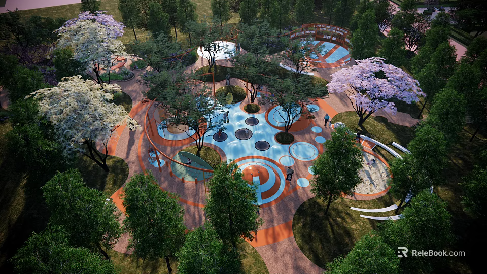Outdoor Children's Play Area With Colorful Circular Design And Lush Green Trees 3d model 