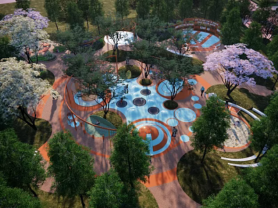 Outdoor Children's Play Area With Colorful Circular Design And Lush Green Trees 3d model