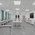 Laboratory Interior With Lab Tables Microscopes Green Curtains White Walls And Ceiling Lights